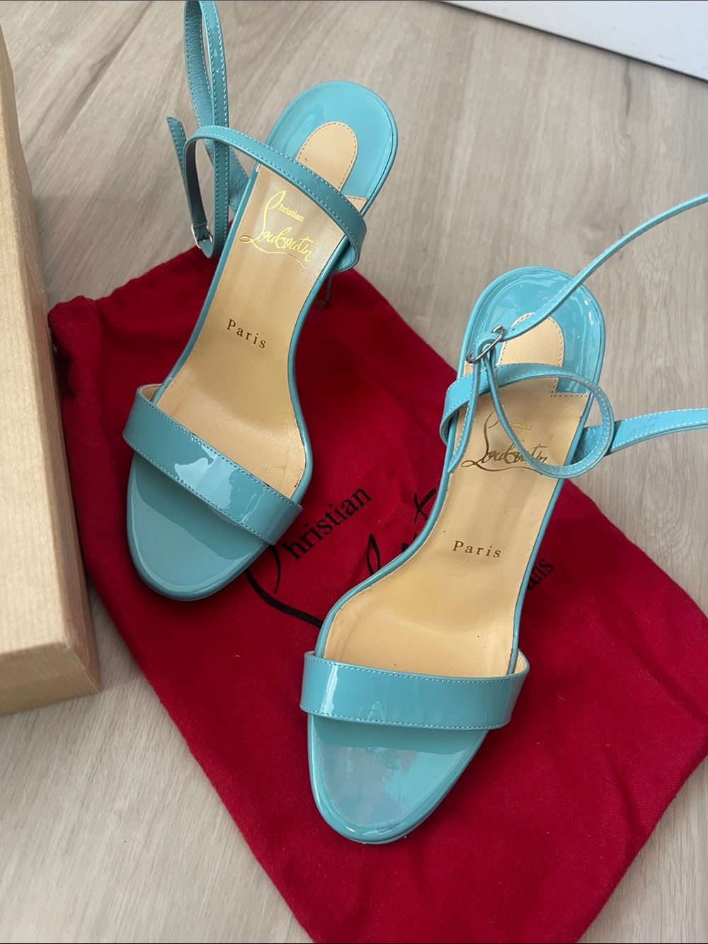 Christian Louboutin Teal Patent Leather Open-Toe Ankle-Strap Heels - Picture 2 of 3